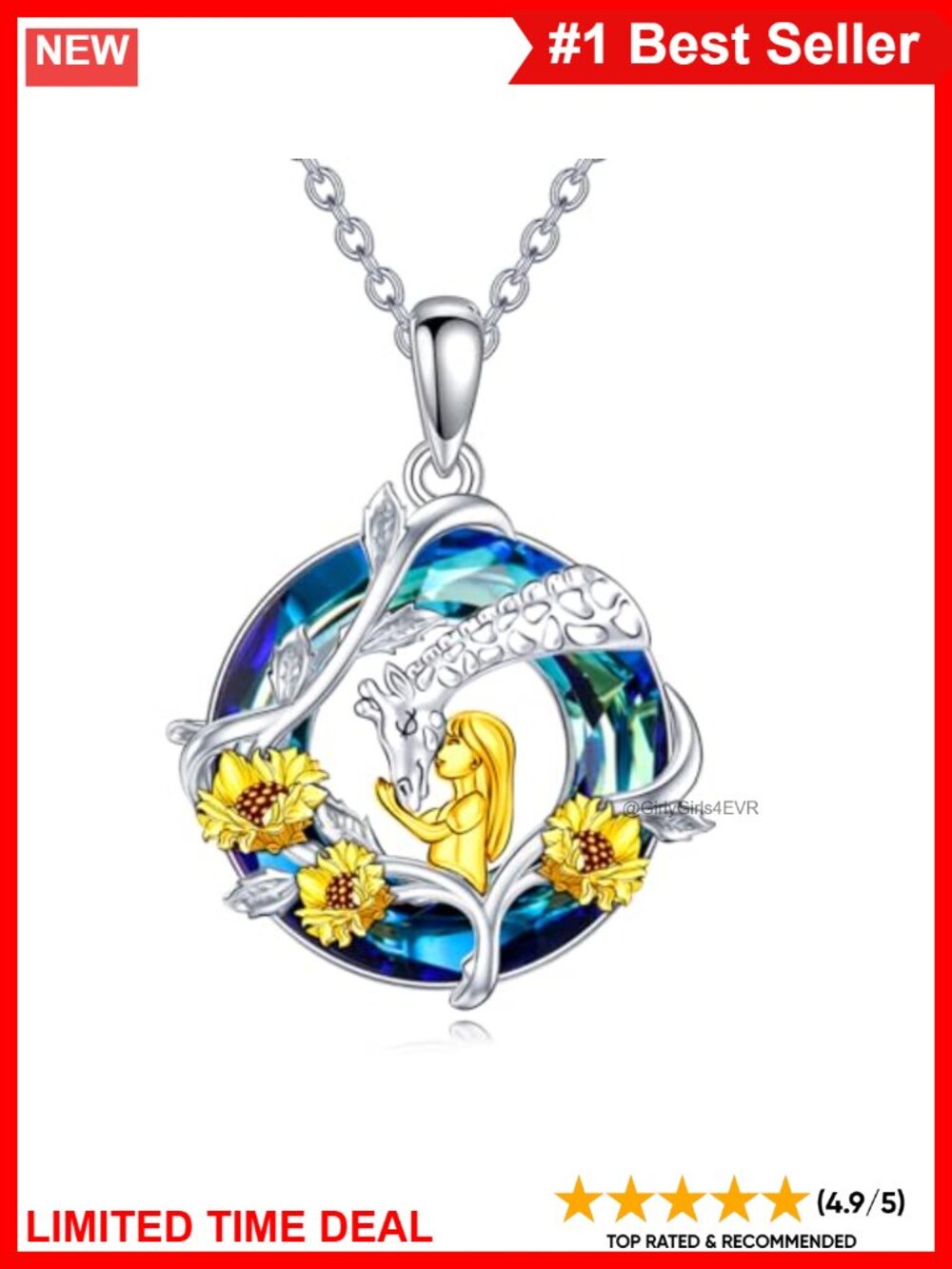 925 Sterling Silver Giraffe Pendant Necklace Crystal Charm 18+2 Inch Adjustable